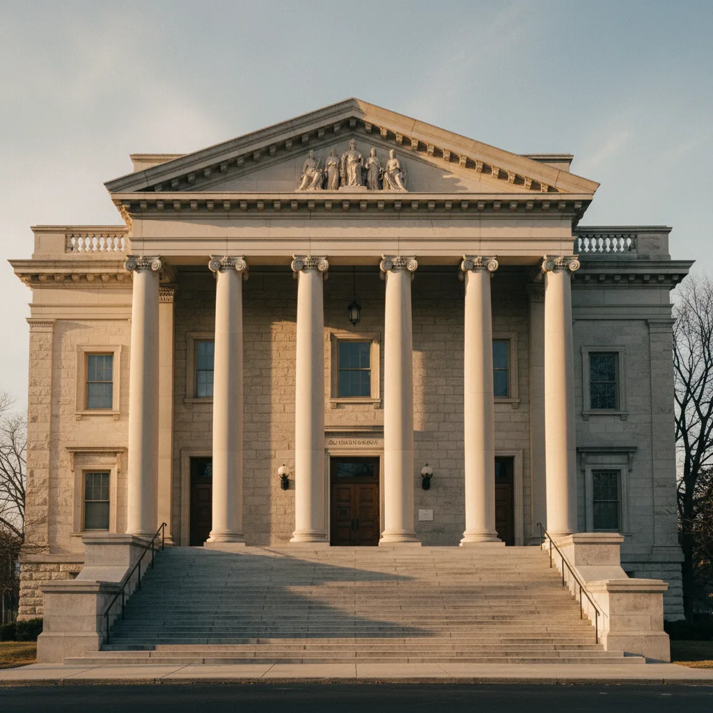 Exterior of a courthouse with stone columns and steps, late afternoon light