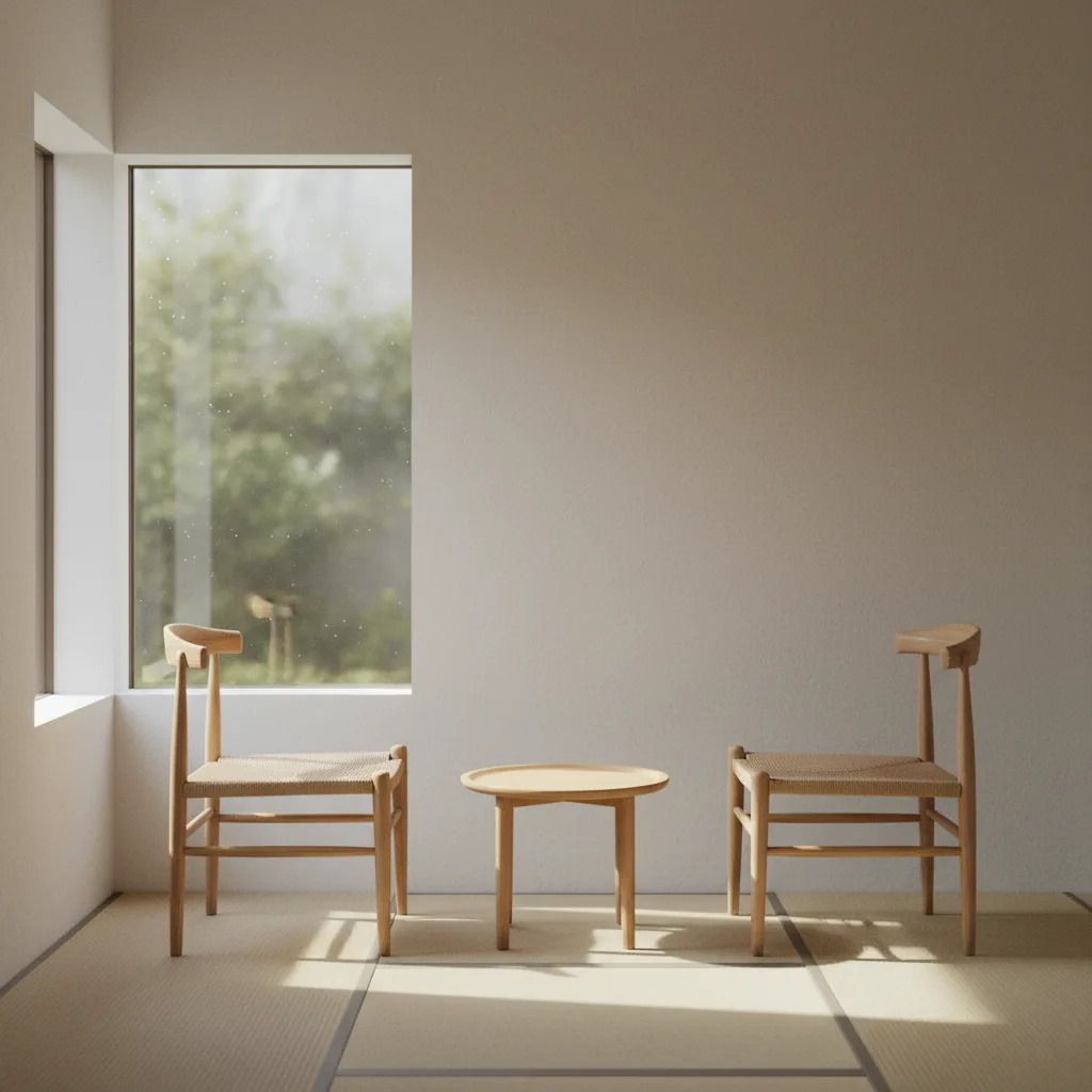 Two empty chairs facing each other across a small table, natural window light, spare and quiet