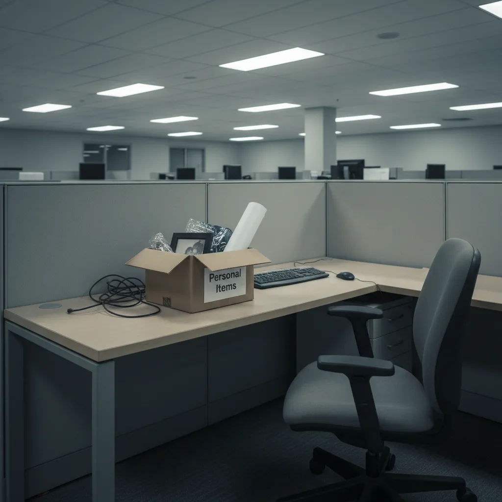 Empty office desk with a cardboard box of personal items, window light, muted tones